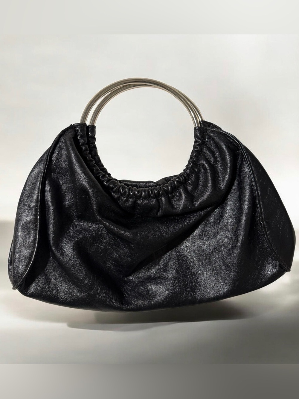 Black Leather Ring-Handle Hand Bag - Unbranded